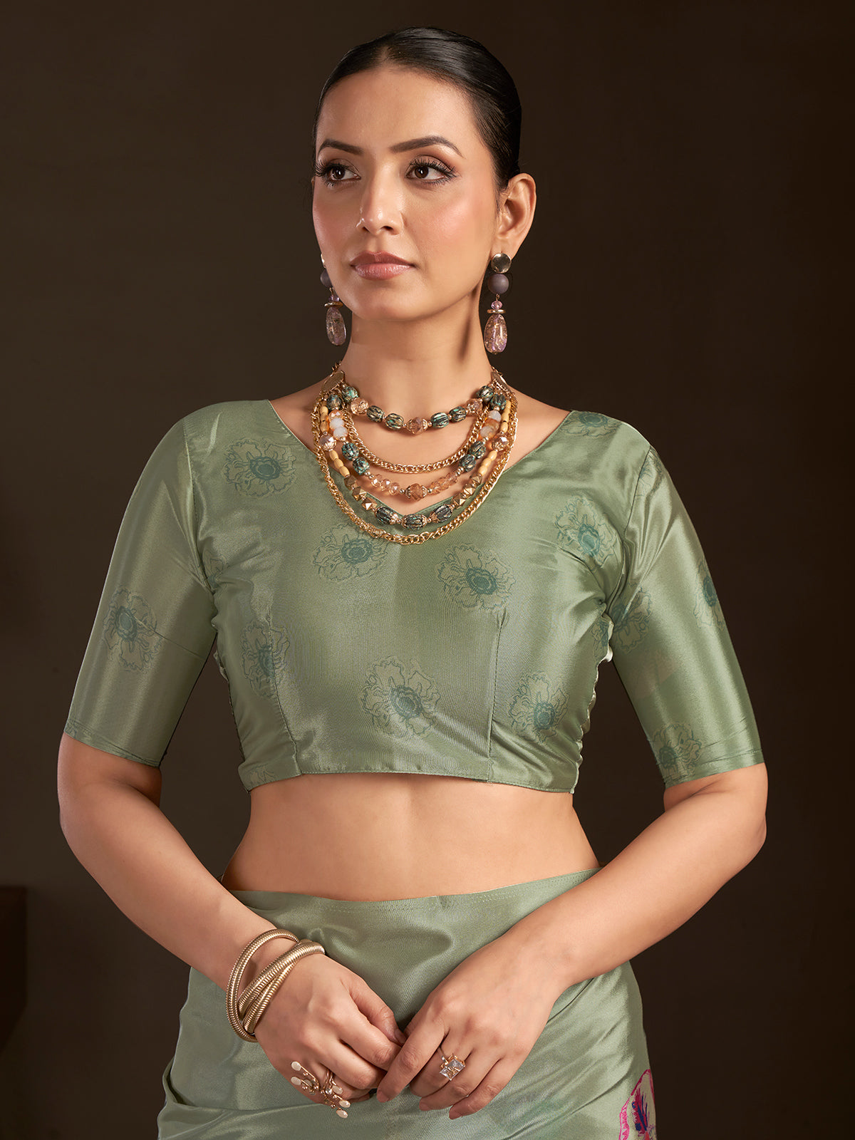 Pastel olive ready to wear silk crepe saree with stitched blouse