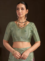 Pastel olive ready to wear silk crepe saree with stitched blouse