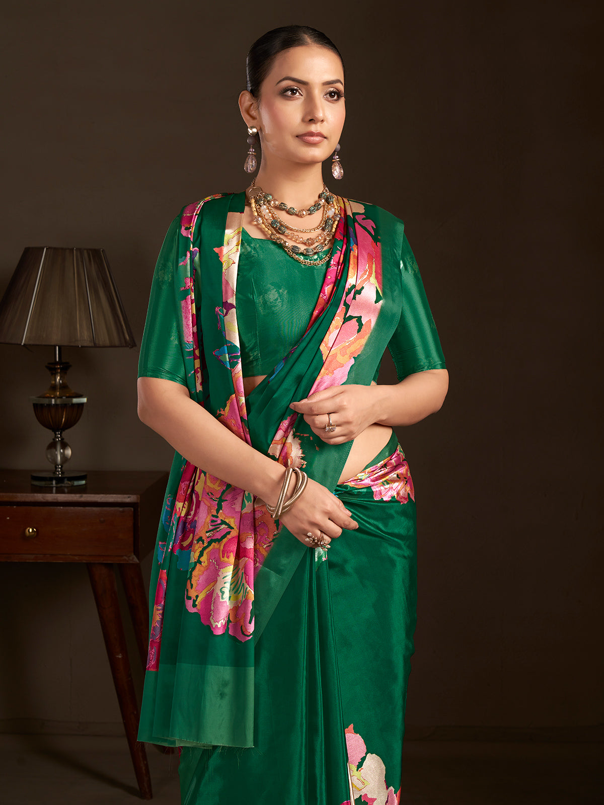 Pastel green printed ready to wear silk crepe saree