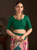 Pastel green printed ready to wear silk crepe saree