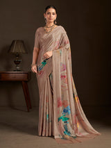 Pastel brown ready to wear silk crepe saree with stitched blouse