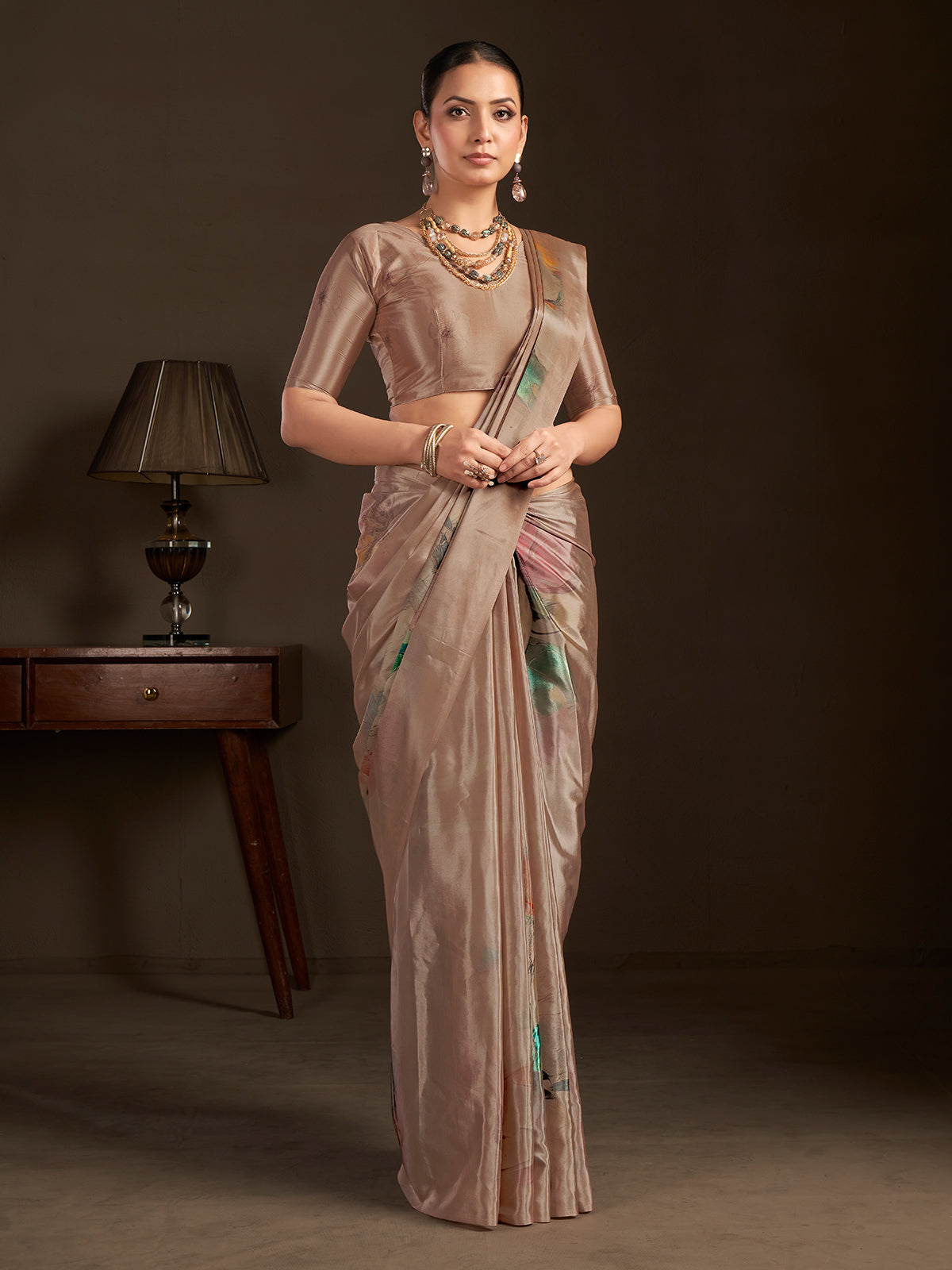 Pastel brown ready to wear silk crepe saree with stitched blouse