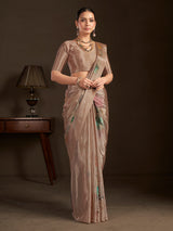 Pastel brown ready to wear silk crepe saree with stitched blouse