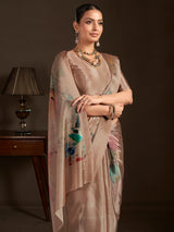 Pastel brown ready to wear silk crepe saree with stitched blouse