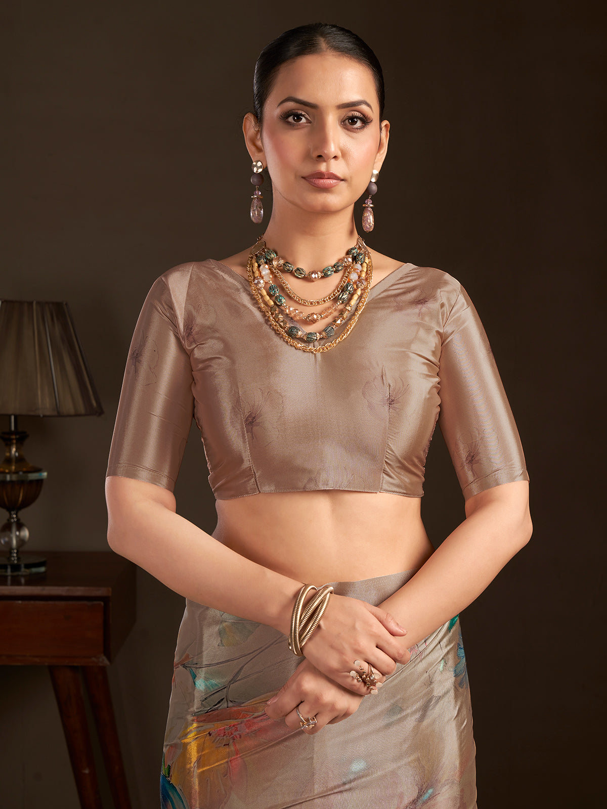 Pastel brown ready to wear silk crepe saree with stitched blouse