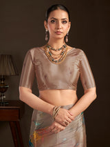 Pastel brown ready to wear silk crepe saree with stitched blouse