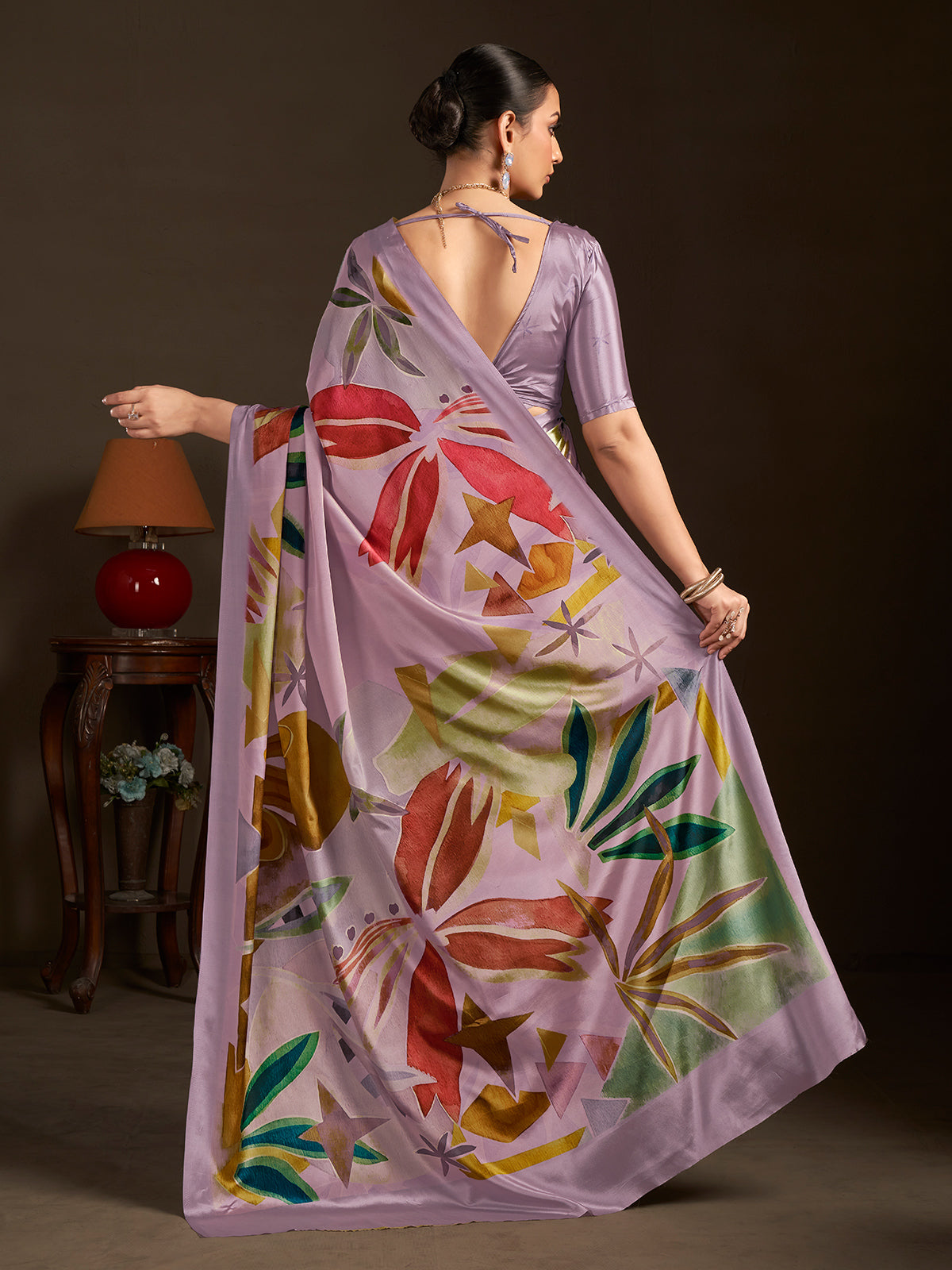 Pastel lavender ready to wear silk crepe saree