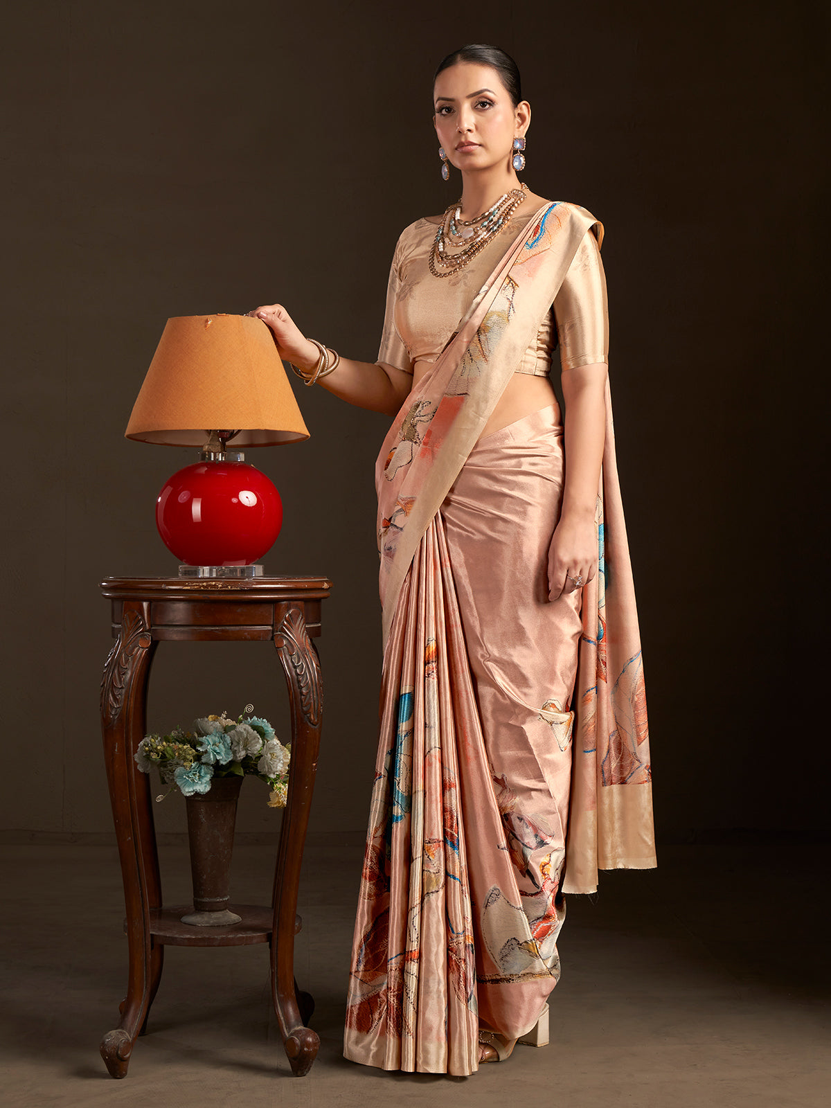 Light peach ready to wear silk crepe saree for women