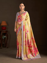 Pastel yellow ready to wear silk crepe saree for party wear