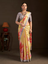 Pastel yellow ready to wear silk crepe saree for party wear