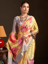 Pastel yellow ready to wear silk crepe saree for party wear