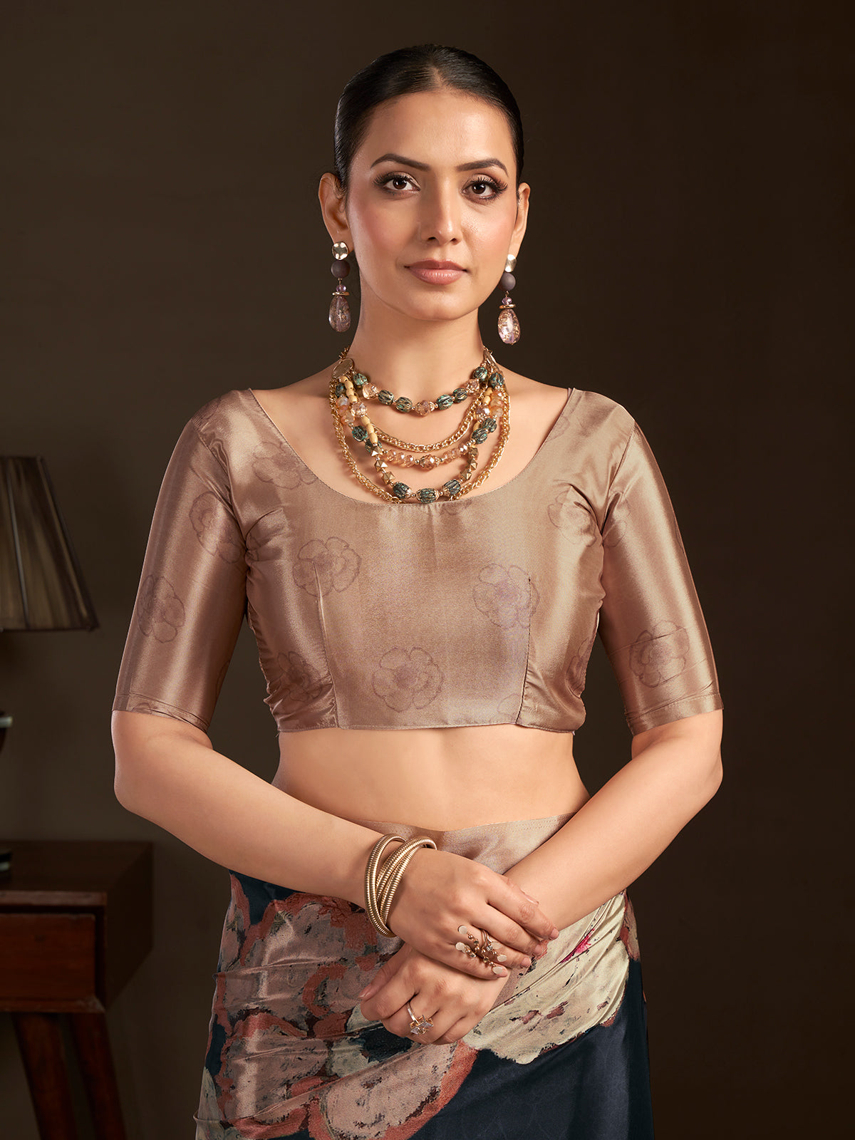 Pastel black ready to wear silk crepe saree for festive