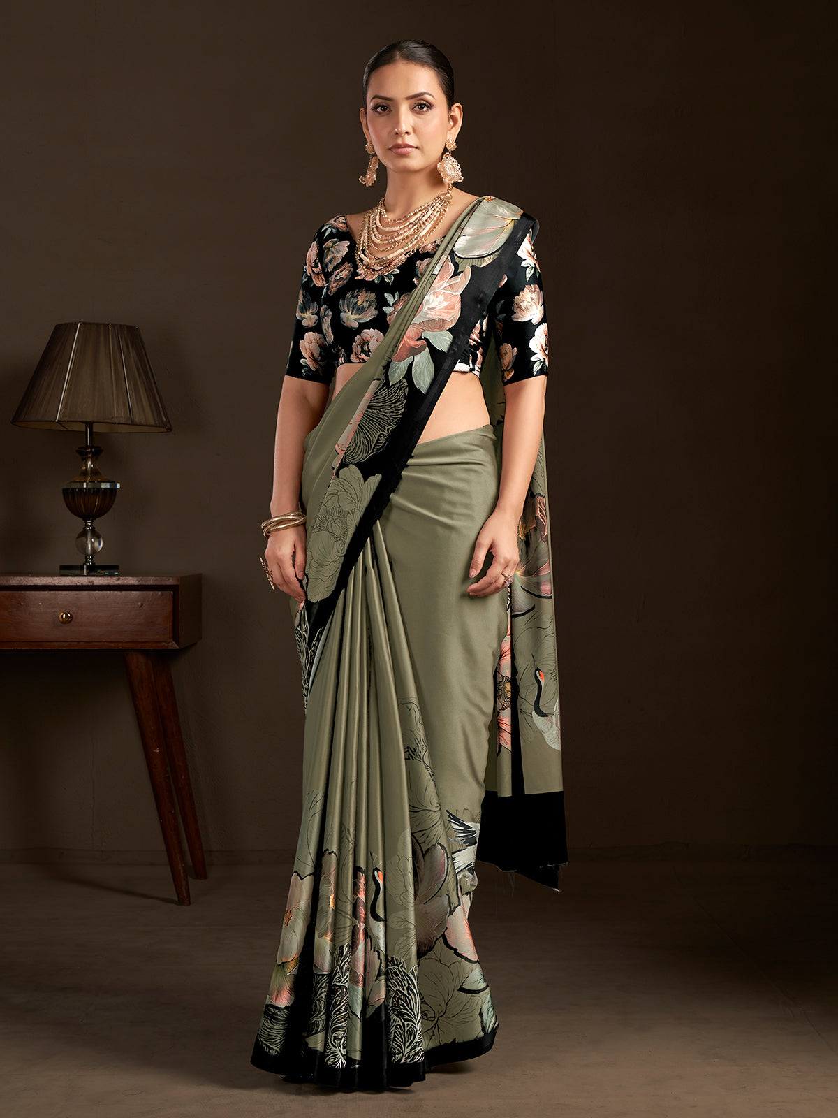 Pastel green ready to wear silk crepe saree