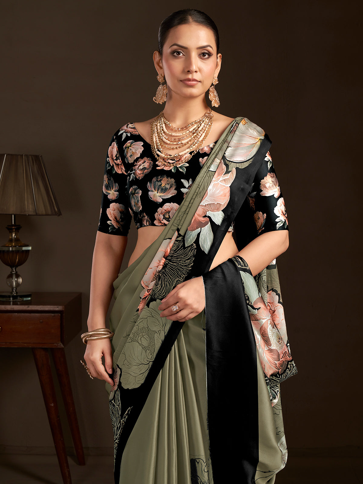 Pastel green ready to wear silk crepe saree