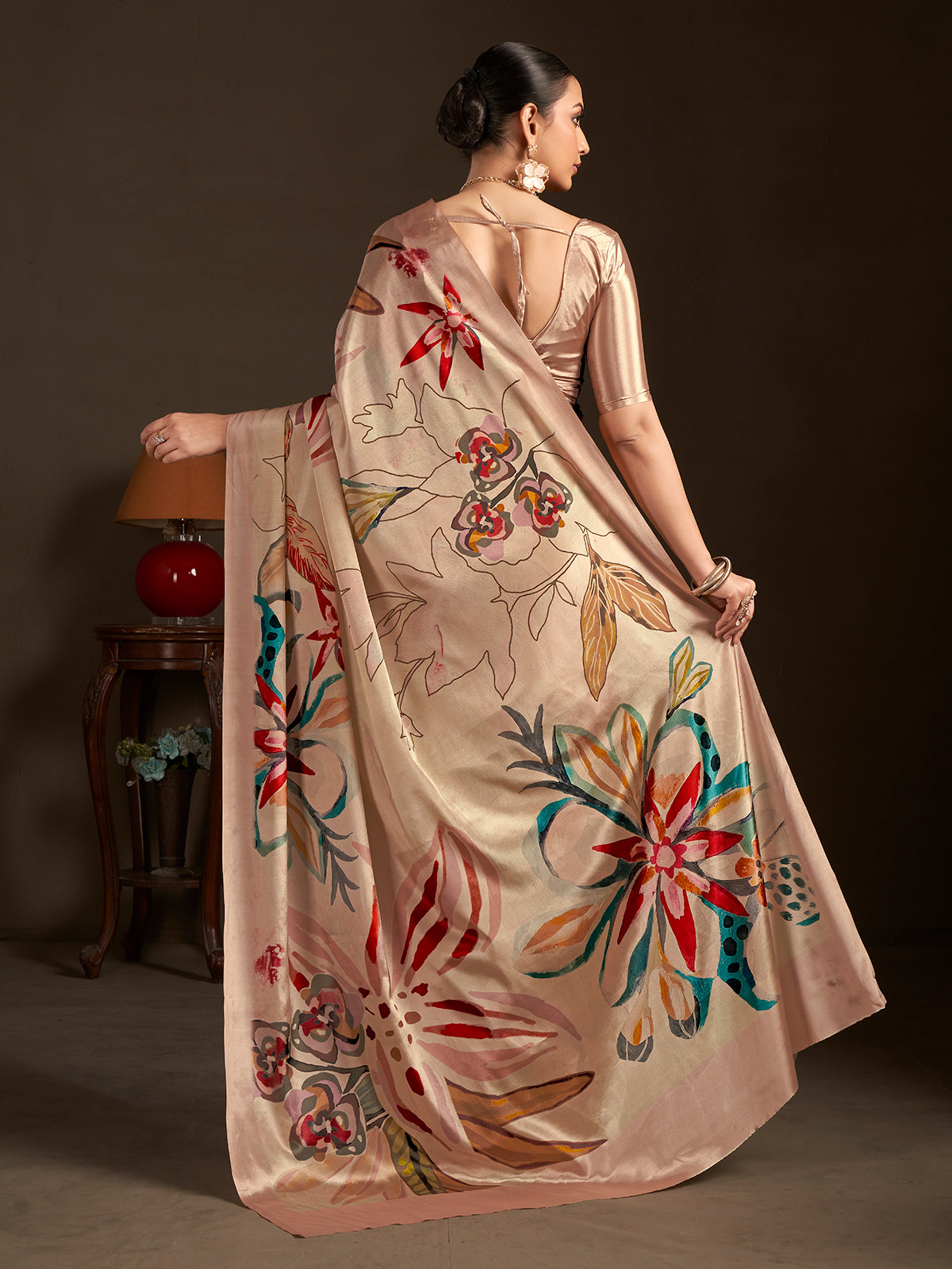 Pastel cream ready to wear silk crepe saree