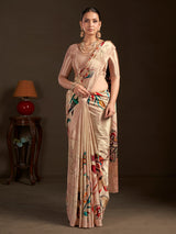 Pastel cream ready to wear silk crepe saree
