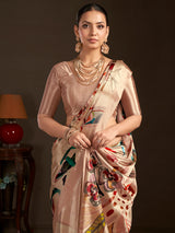 Pastel cream ready to wear silk crepe saree