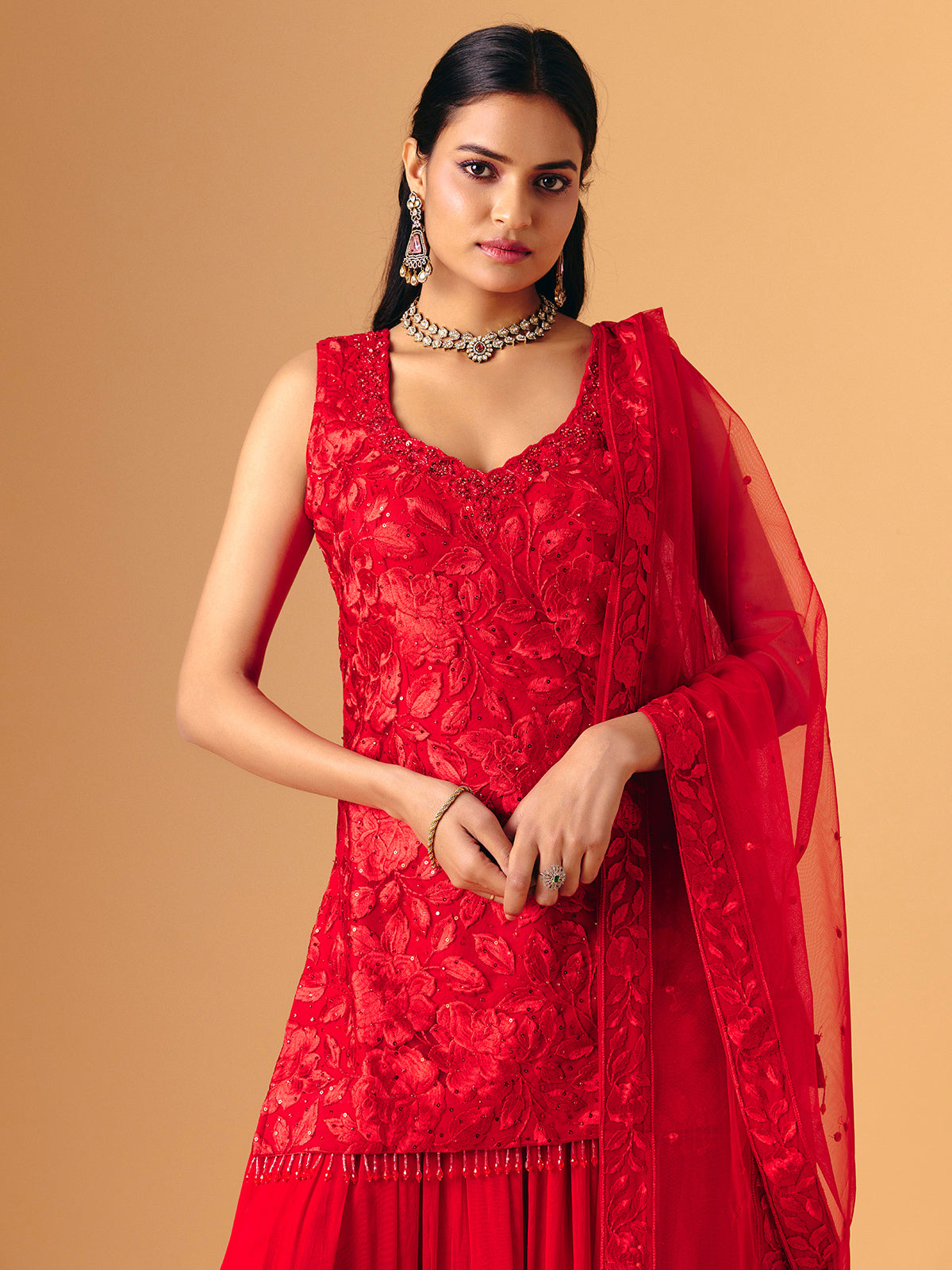Red georgette silk sleeveless palazzo suit for women