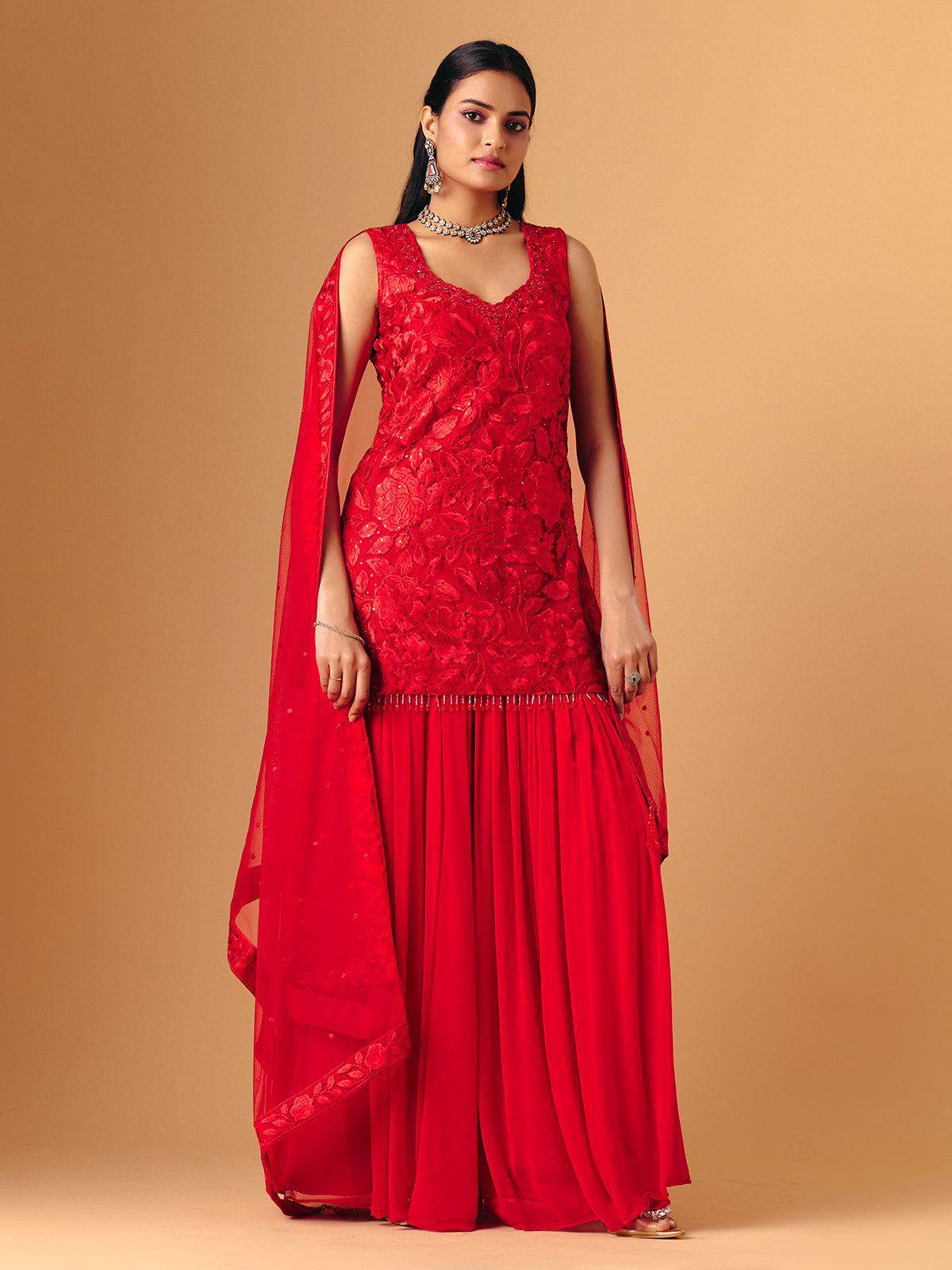 Red georgette silk sleeveless palazzo suit for women