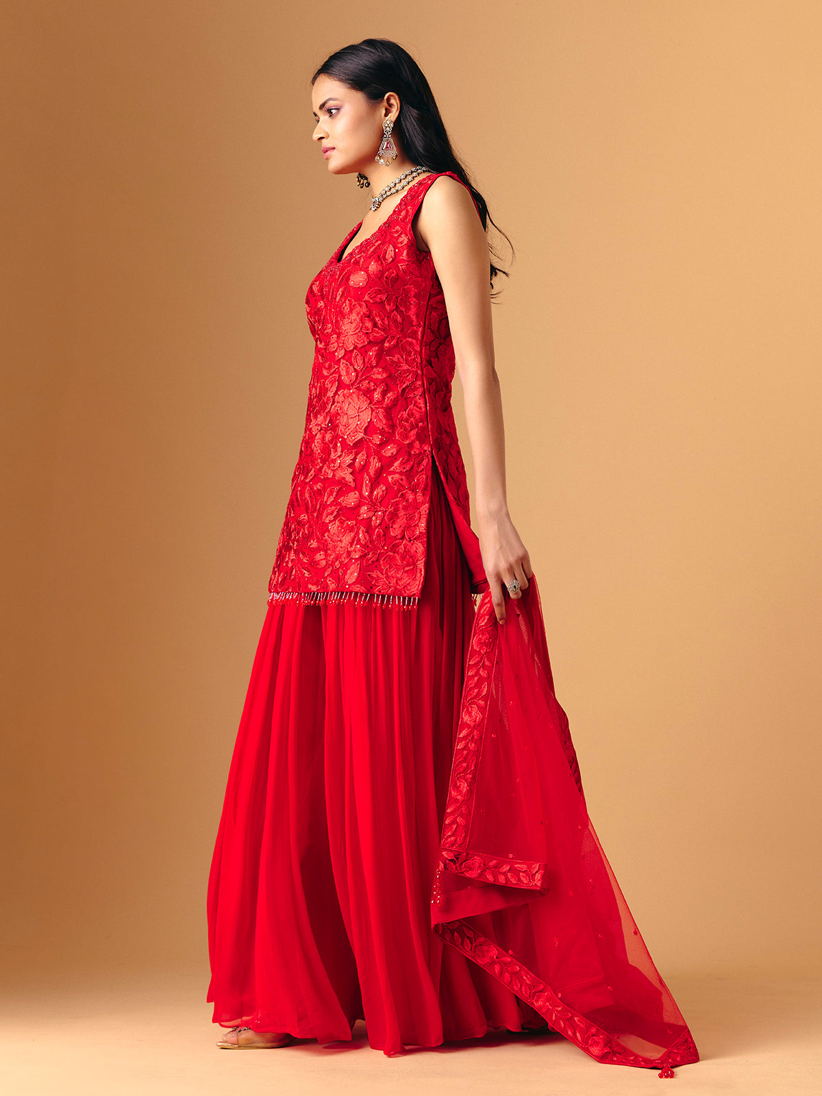 Red georgette silk sleeveless palazzo suit for women