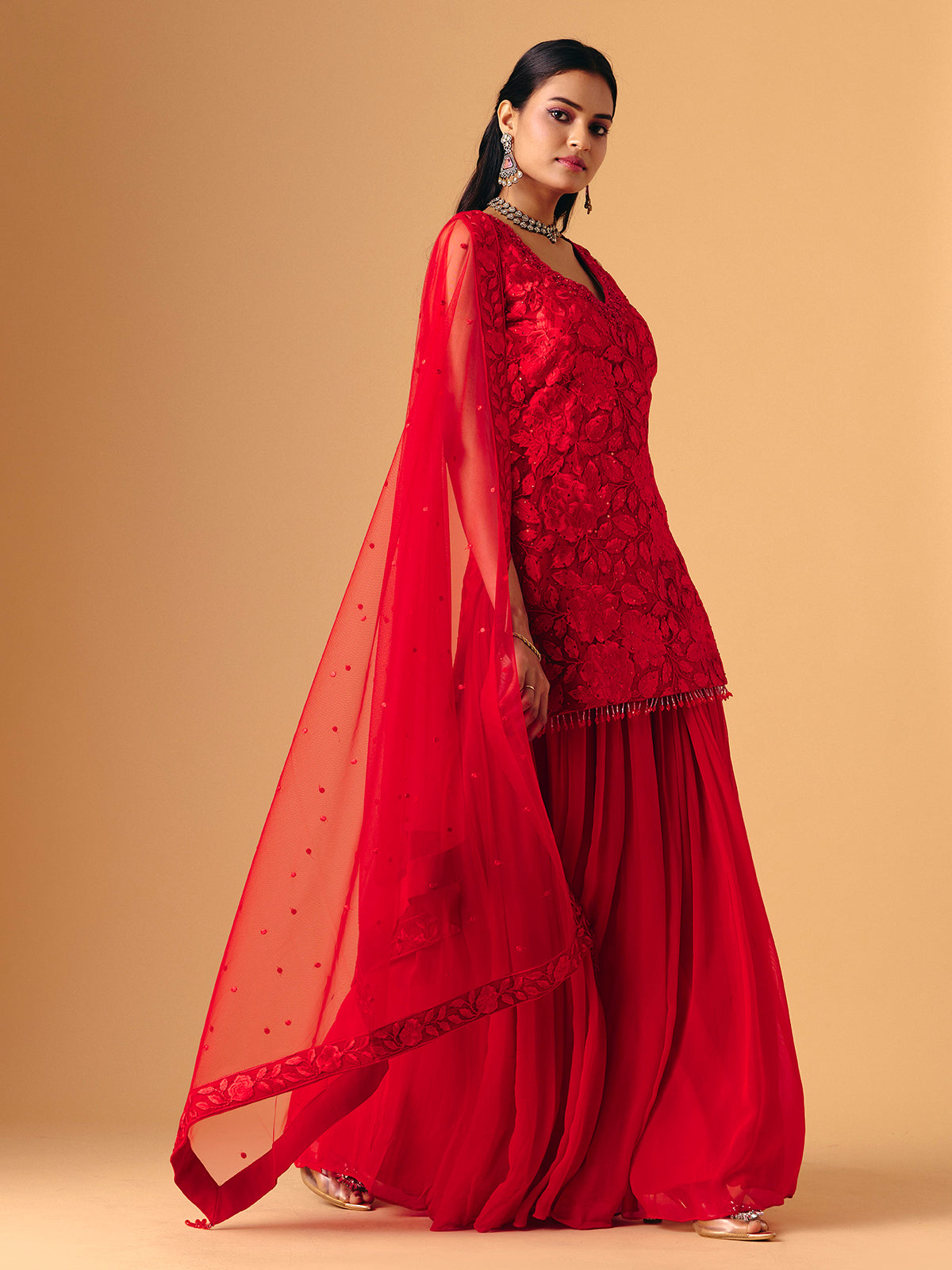 Red georgette silk sleeveless palazzo suit for women