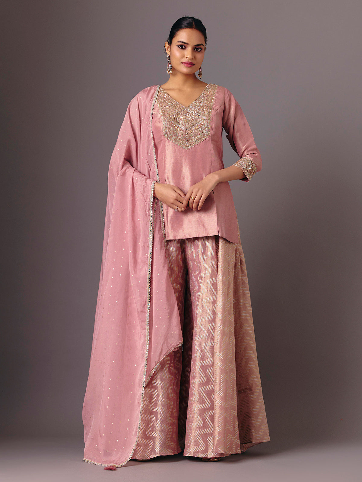Onion pink silk v neck palazzo suit
