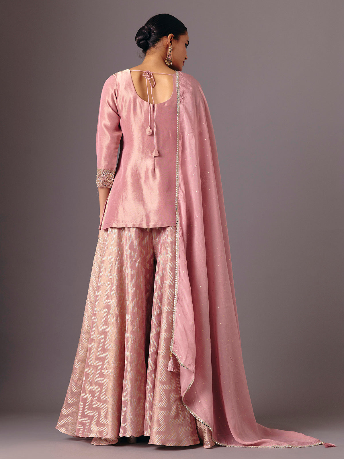 Onion pink silk v neck palazzo suit