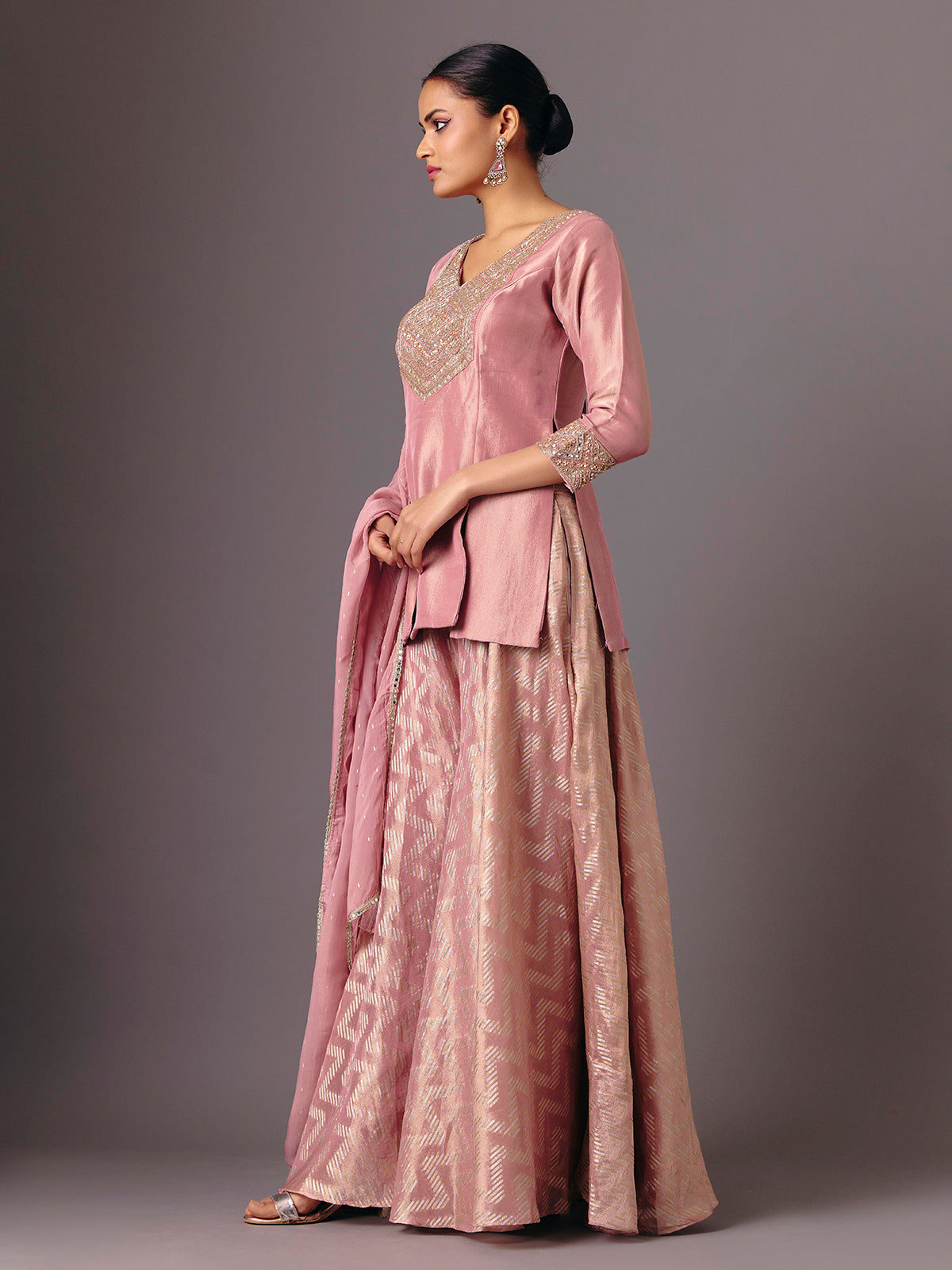 Onion pink silk v neck palazzo suit