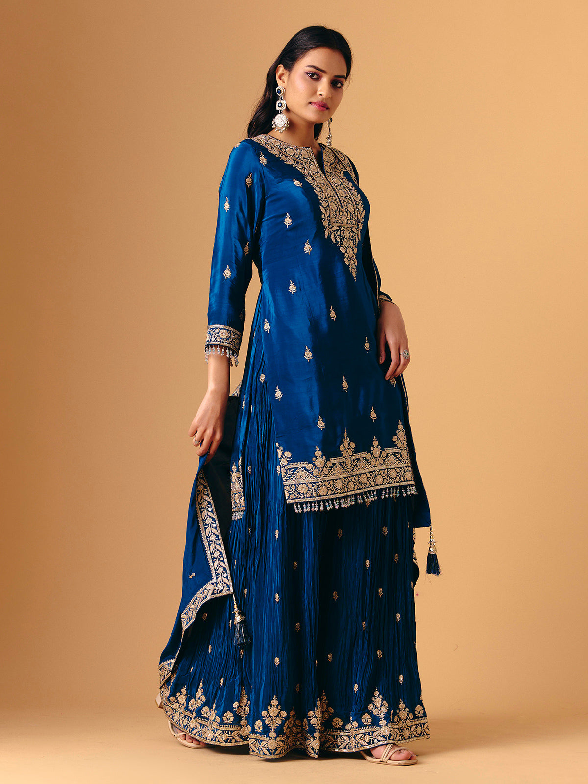 Blue silk quarter sleeve palazzo suit for reception wear