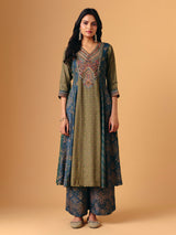 Mehendi green cotton silk v neck palazzo suit for women