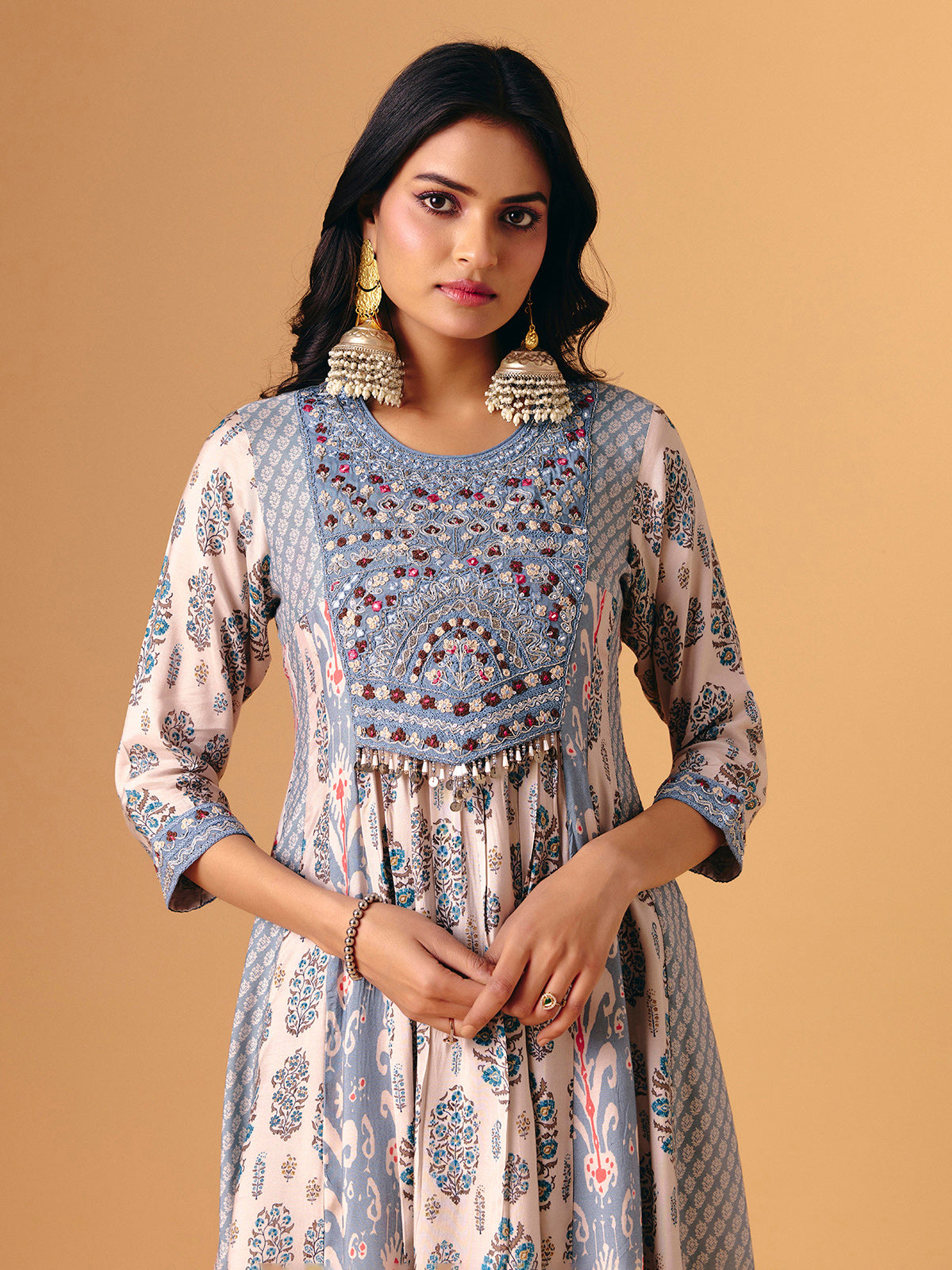 Sky blue cotton silk round neck palazzo suit for women