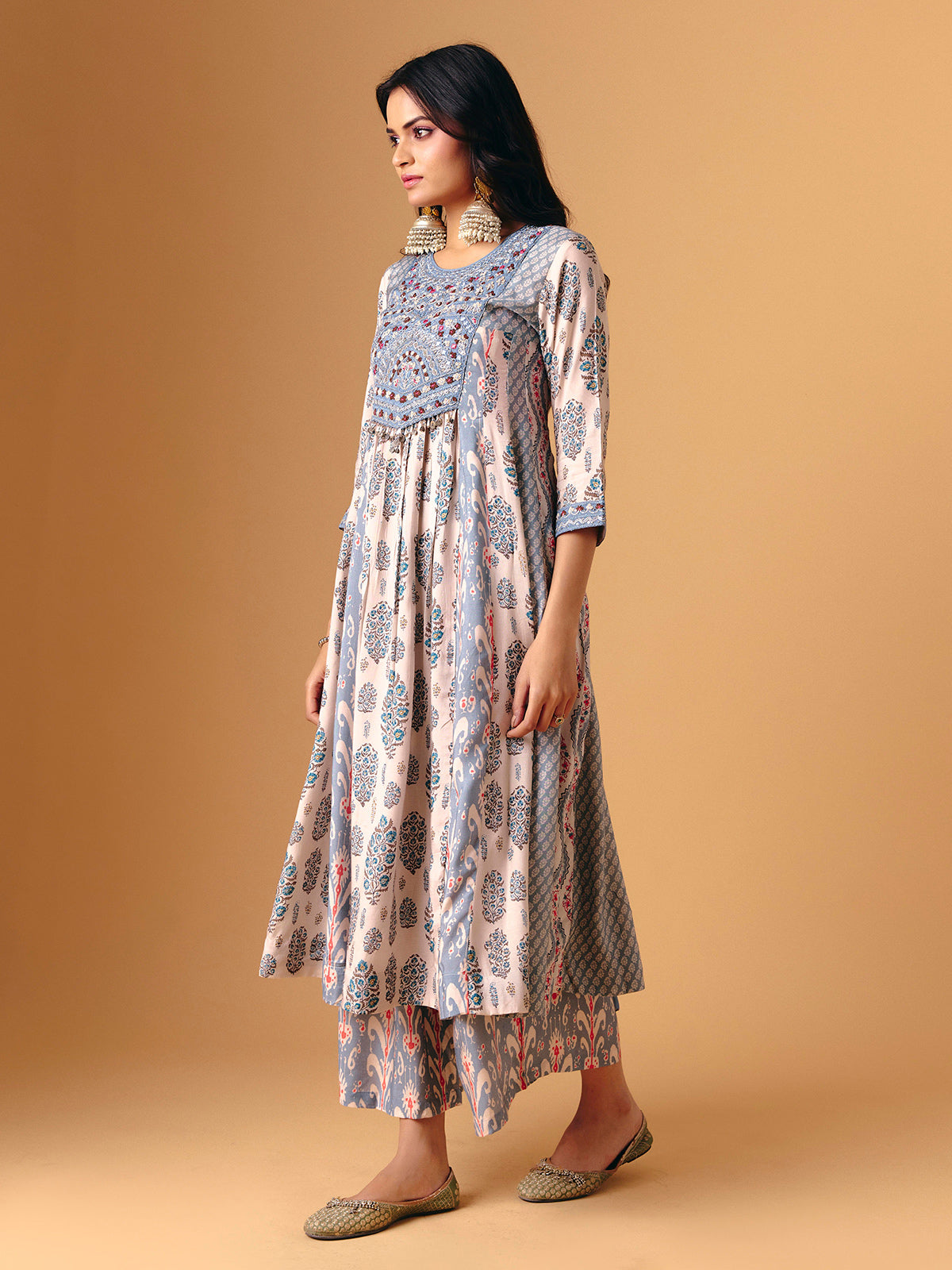 Sky blue cotton silk round neck palazzo suit for women