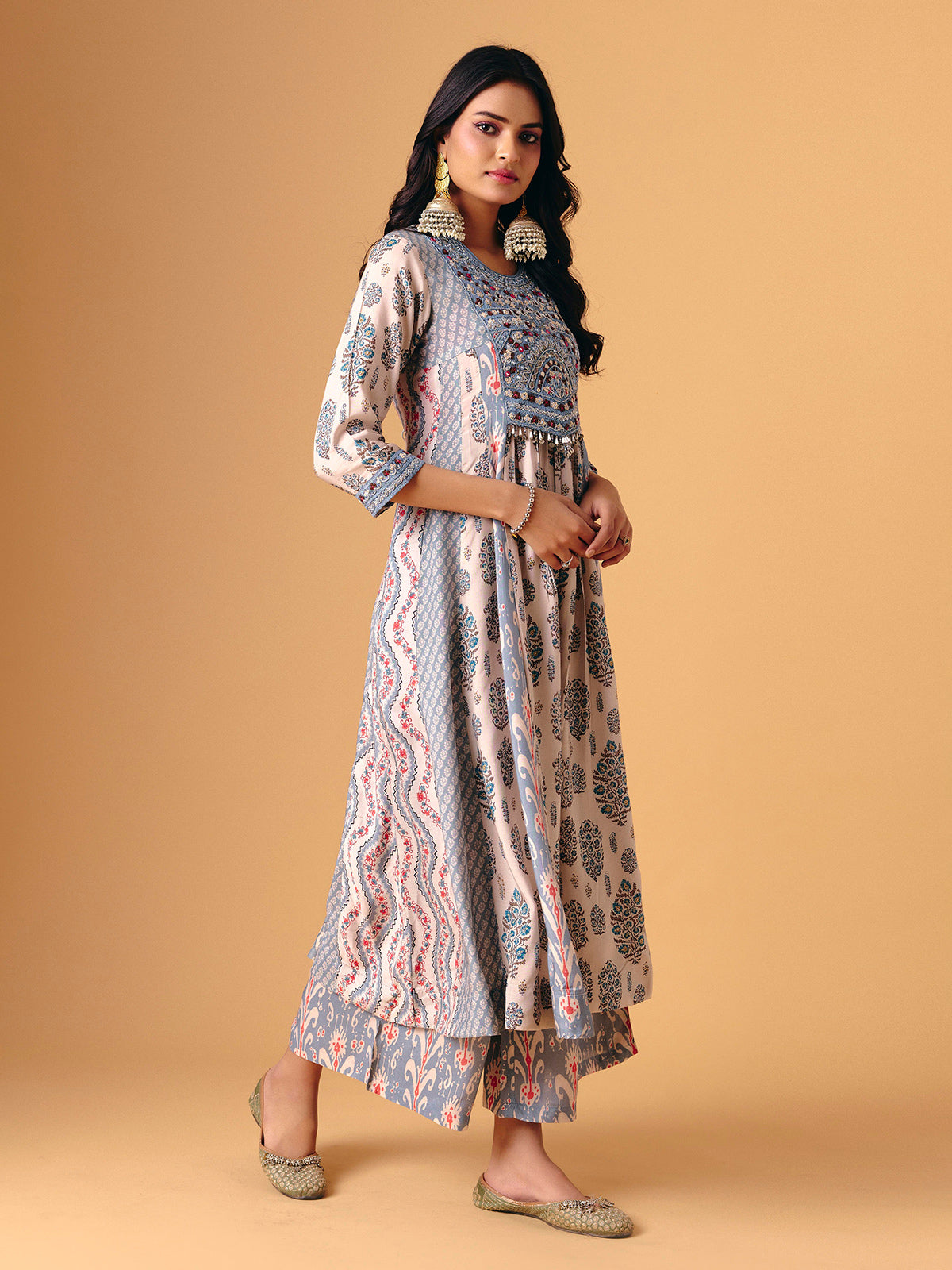 Sky blue cotton silk round neck palazzo suit for women