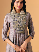 Beige cotton silk quarter sleeve palazzo suit