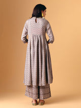 Beige cotton silk quarter sleeve palazzo suit