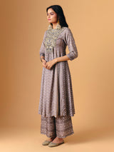 Beige cotton silk quarter sleeve palazzo suit
