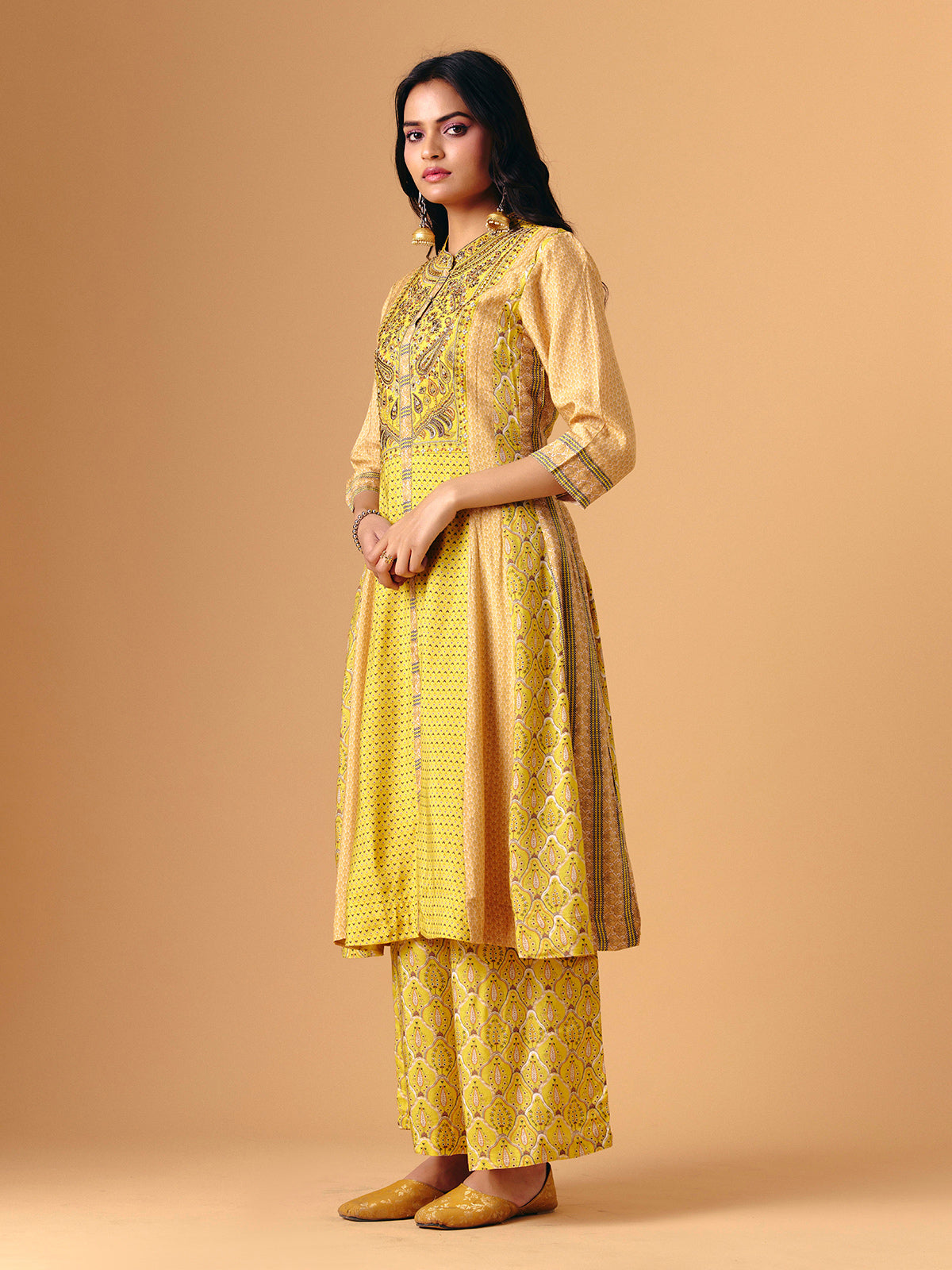 Yellow cotton silk band gala palazzo suit