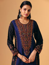 Navy blue silk round neck lehenga suit