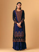 Navy blue silk round neck lehenga suit