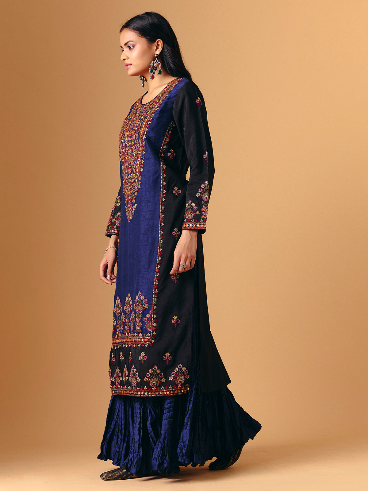 Navy blue silk round neck lehenga suit