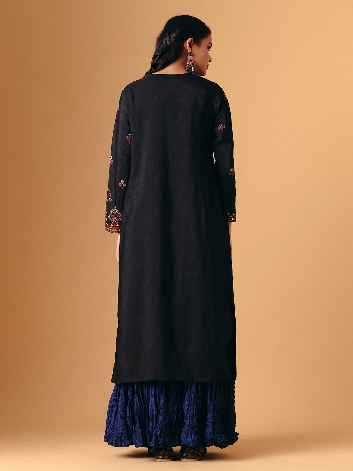 Navy blue silk round neck lehenga suit