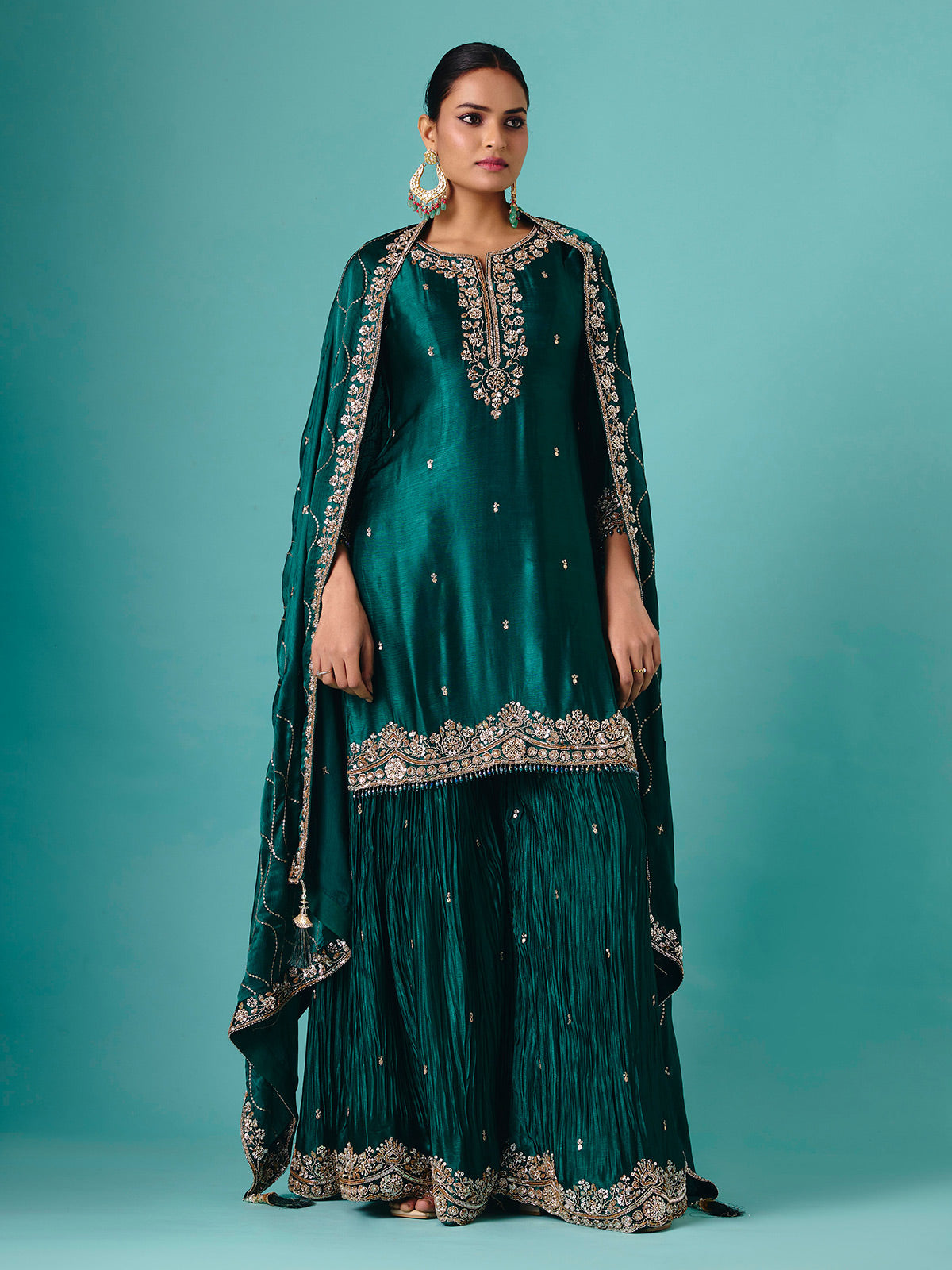 Green Russian silk quarter sleeve palazzo suit