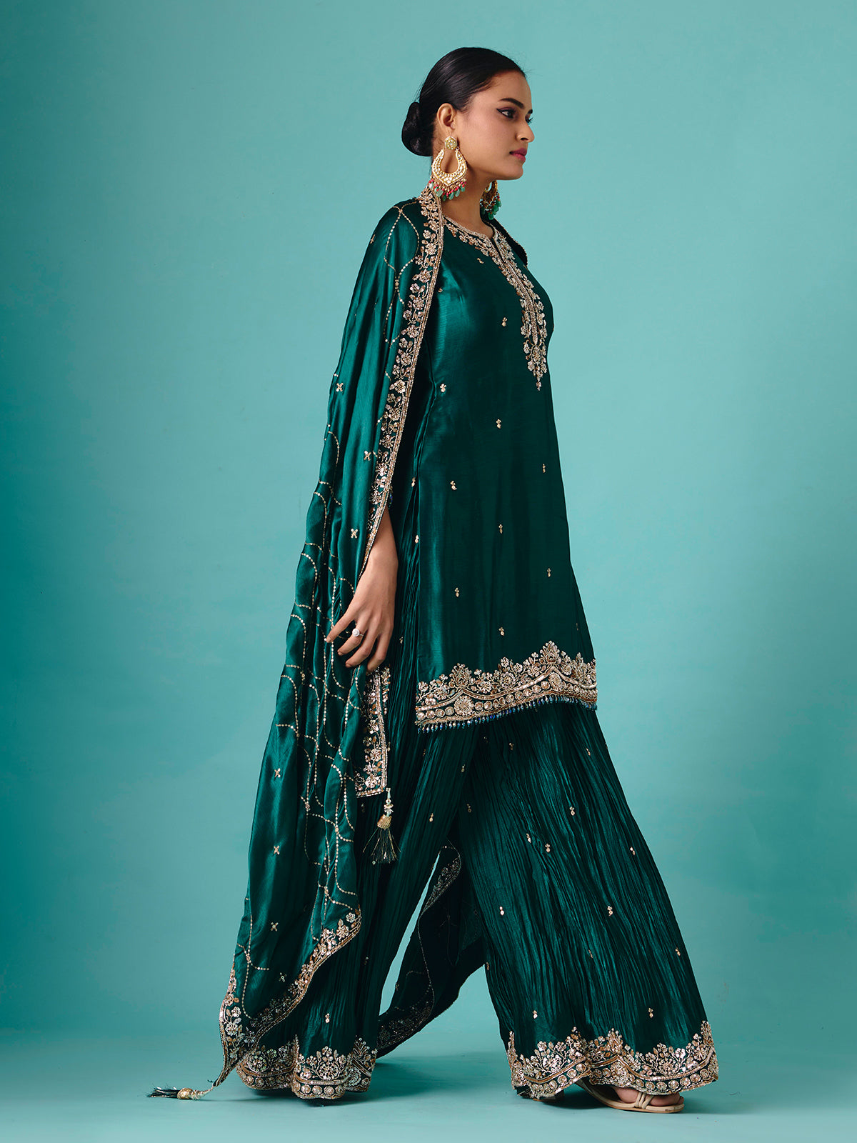 Green Russian silk quarter sleeve palazzo suit