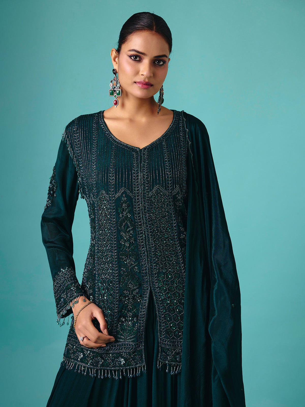 Rama green georgette silk round neck palazzo suit