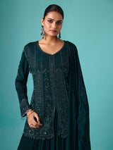 Rama green georgette silk round neck palazzo suit