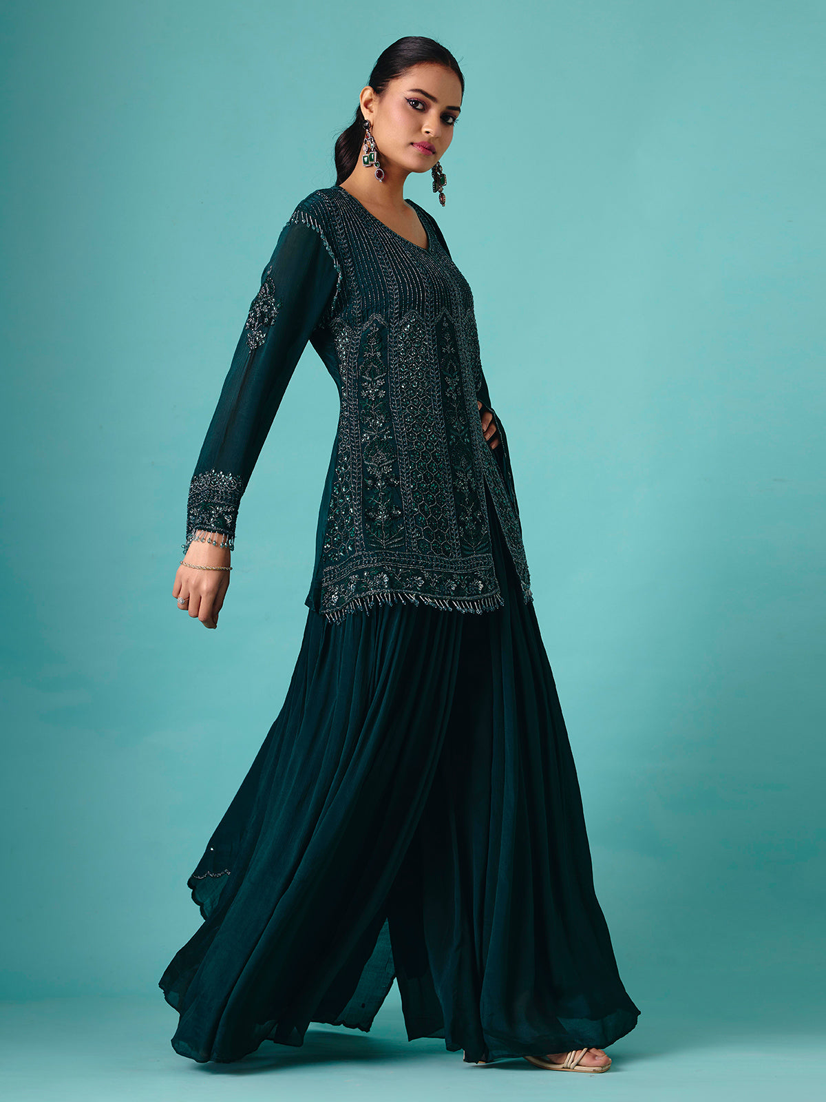 Rama green georgette silk round neck palazzo suit