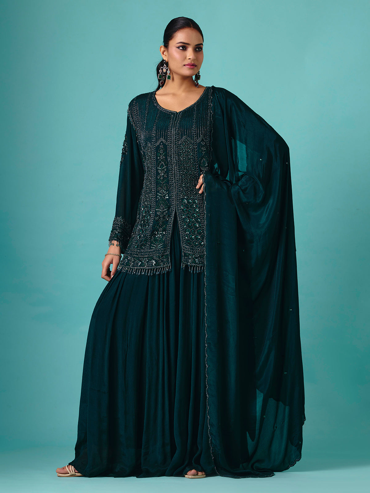 Rama green georgette silk round neck palazzo suit