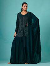 Rama green georgette silk round neck palazzo suit