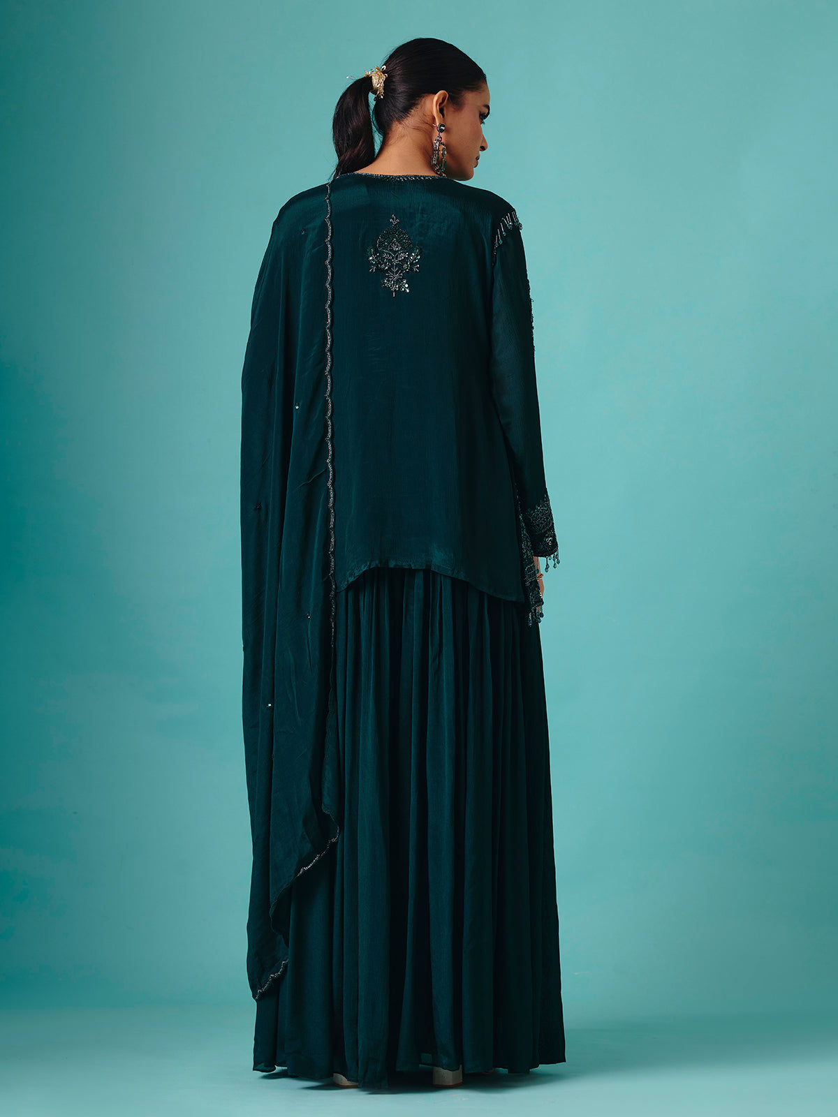 Rama green georgette silk round neck palazzo suit