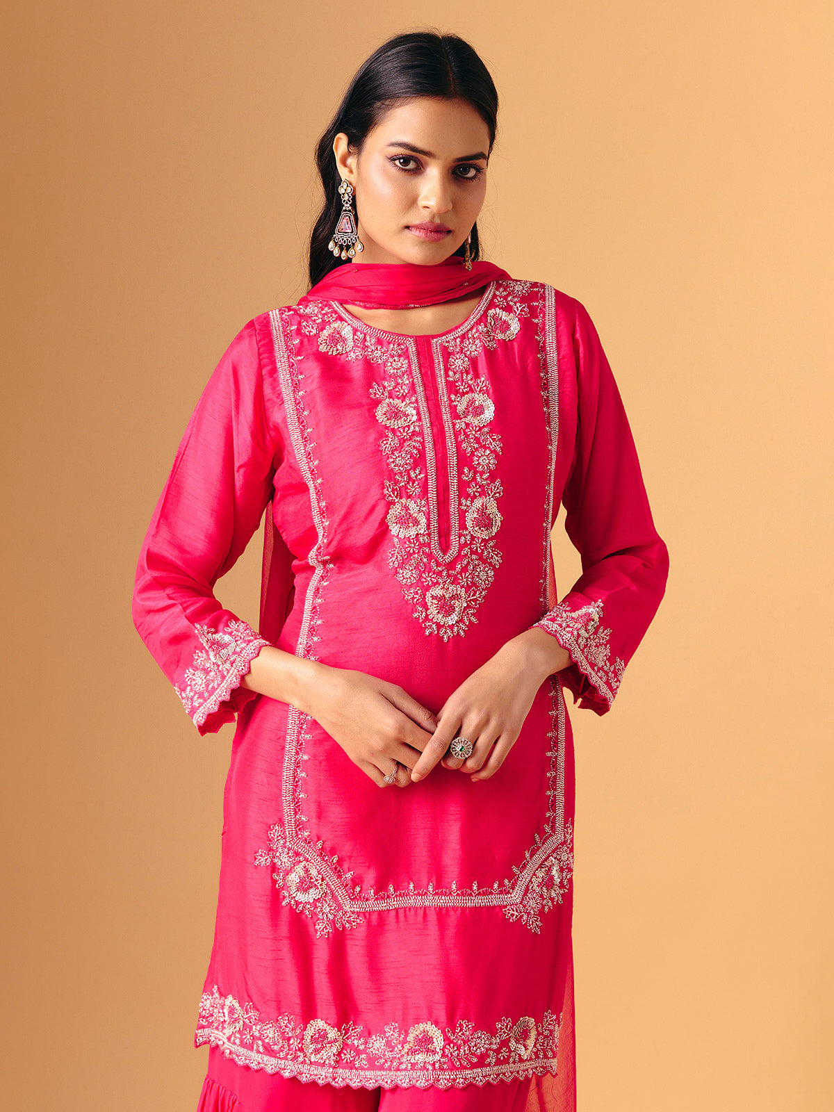 Pink silk round neck shimmering sharara suit